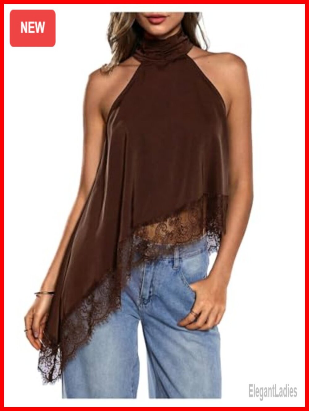 Halter Neck Lace Asymmetrical Hem Tank Top Sleeveless Going Out